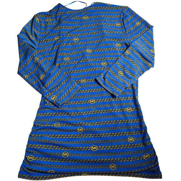 Michael Kors Womens Chain Print Dress  Blue/Gold Polyester Spandex Medium - Picture 2 of 10